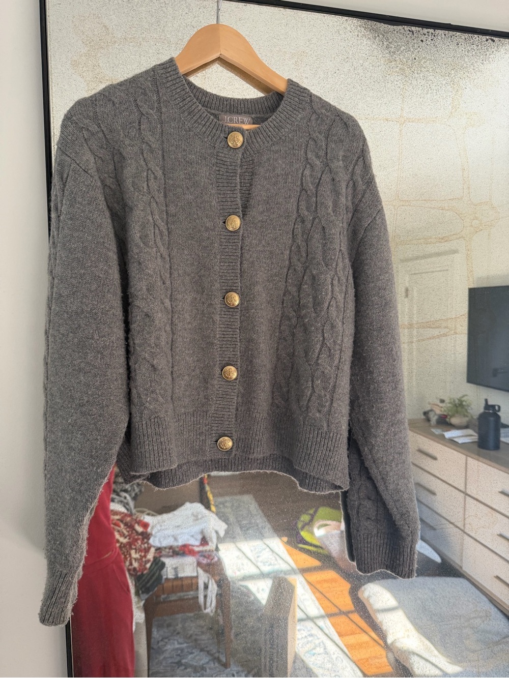 J. Crew Gray Cable-Knit Cardigan with Gold Buttons